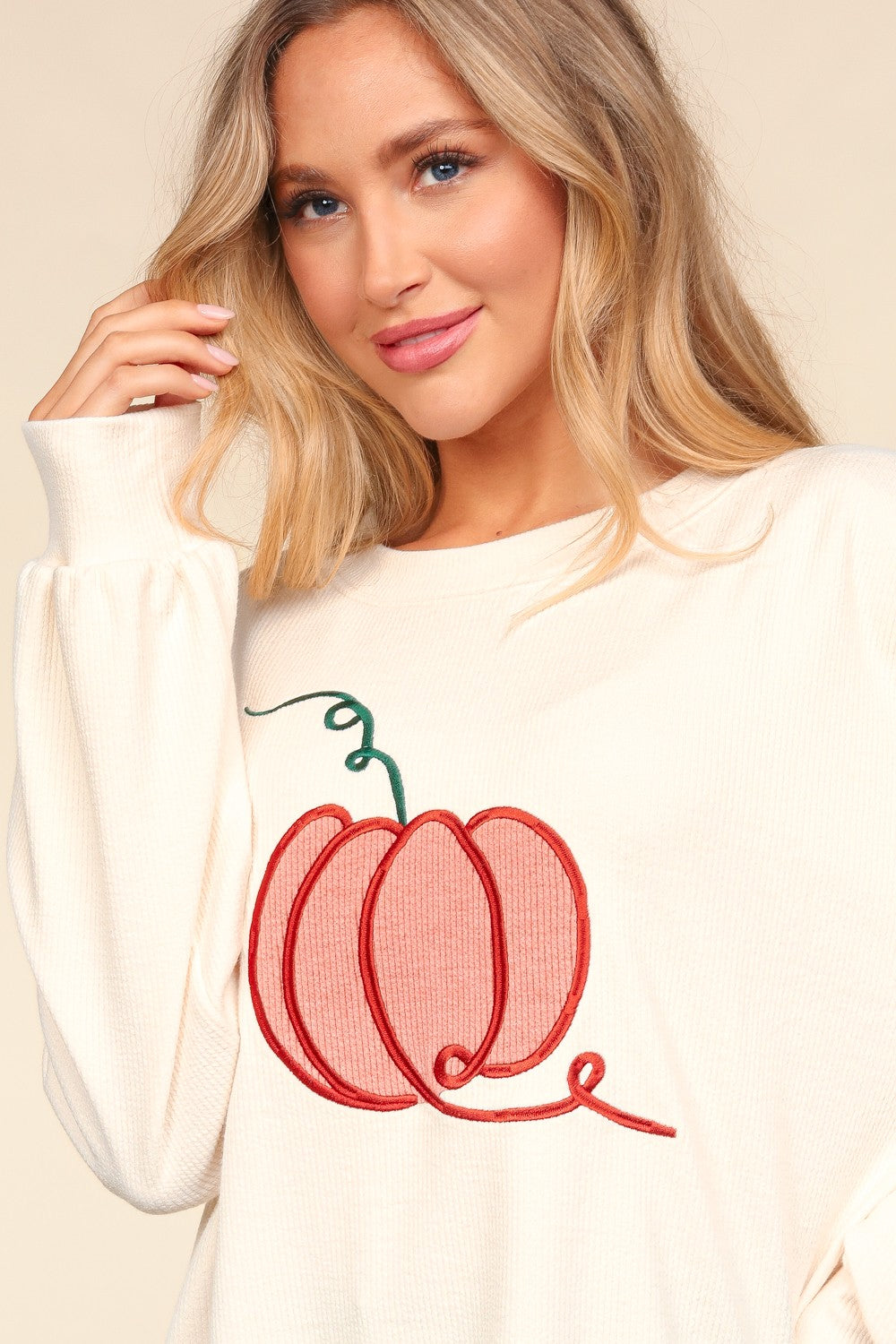 Blue Zone Planet | Haptics Full Size Embroidery Pumpkin Long Sleeve Knit Top-TOPS / DRESSES-[Adult]-[Female]-2022 Online Blue Zone Planet