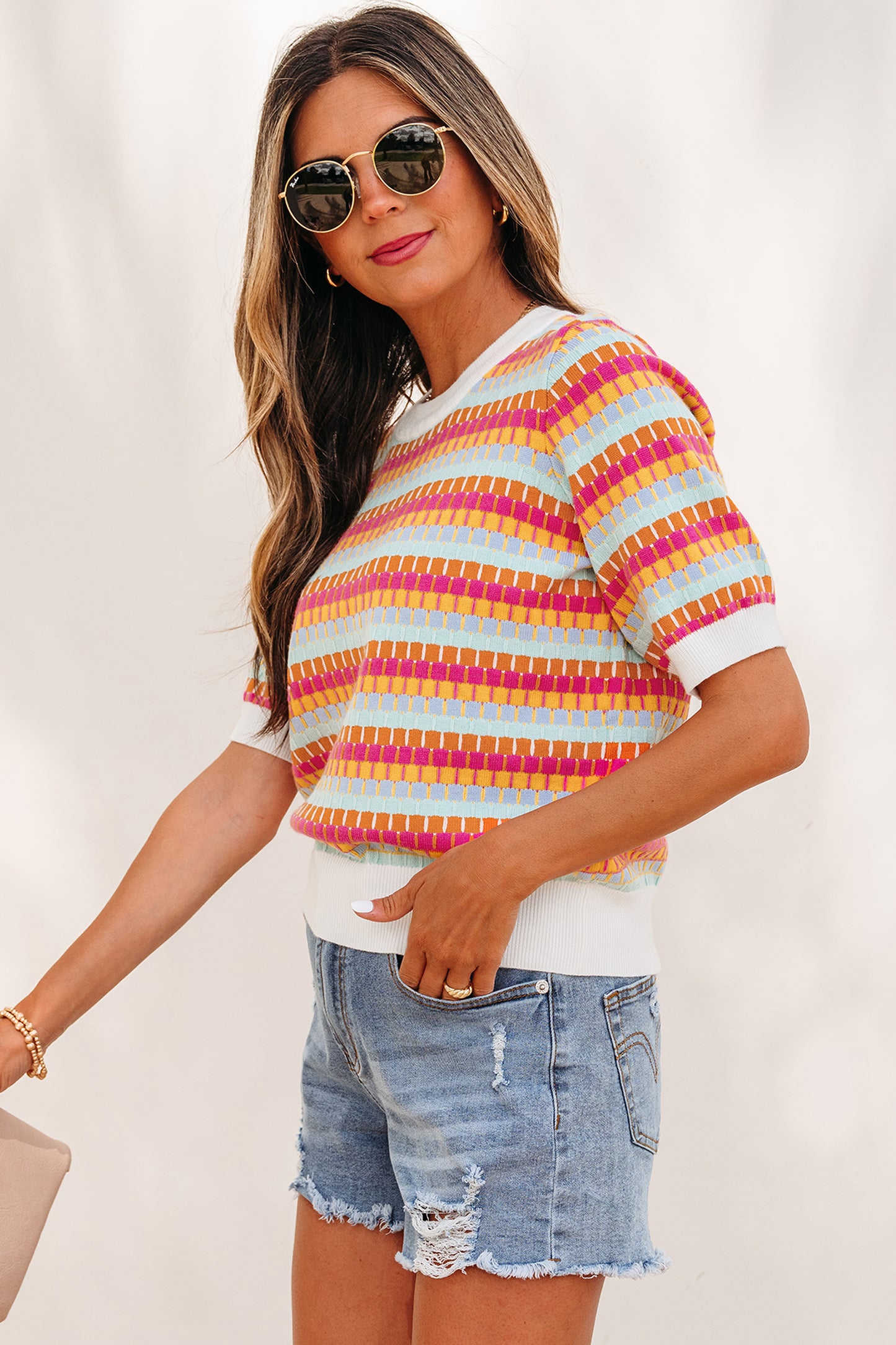 Orange Abstract Striped Knit Short Sleeve Sweater-Sweaters & Cardigans/Short Sleeve Sweaters-[Adult]-[Female]-2022 Online Blue Zone Planet