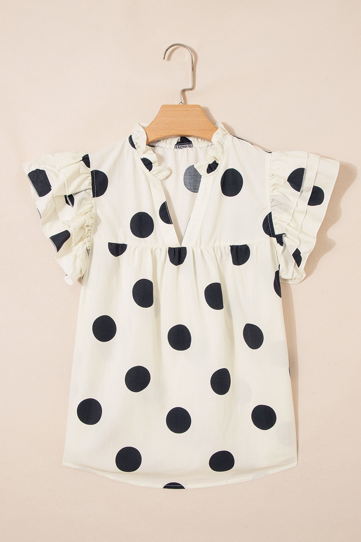 Apricot Casual Polka Dot V-Neck Ruffle Short Sleeve Shift Blouse-Tops/Blouses & Shirts-[Adult]-[Female]-2022 Online Blue Zone Planet