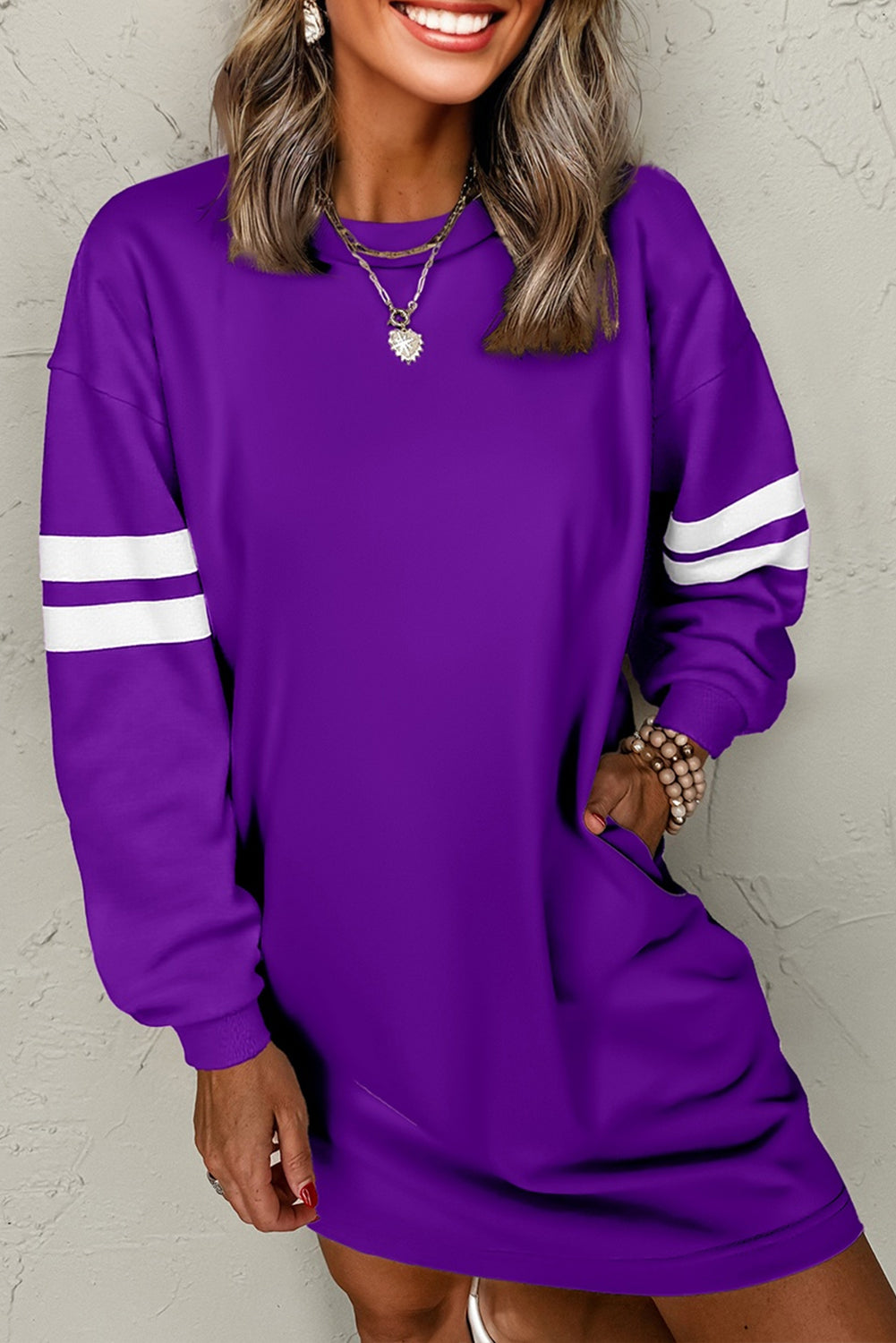 Tillandsia Purple Varsity Contrast Banded Sleeve Shift Sweatshirt Dress-TOPS / DRESSES-[Adult]-[Female]-2022 Online Blue Zone Planet