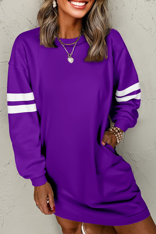 Tillandsia Purple Varsity Contrast Banded Sleeve Shift Sweatshirt Dress-TOPS / DRESSES-[Adult]-[Female]-2022 Online Blue Zone Planet