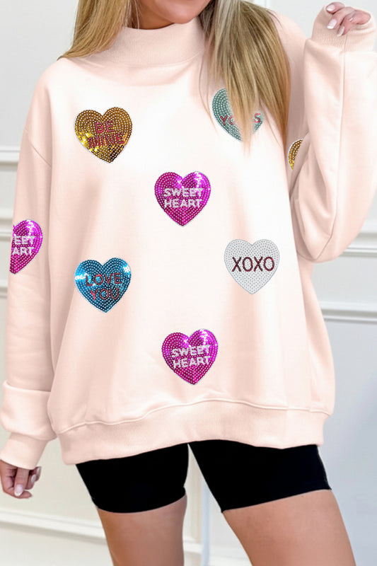 Apricot Pink Valentines Slogan Sequin Heart Patched Mock Neck Sweatshirt-Graphic Sweatshirts-[Adult]-[Female]-Apricot Pink-L-2022 Online Blue Zone Planet