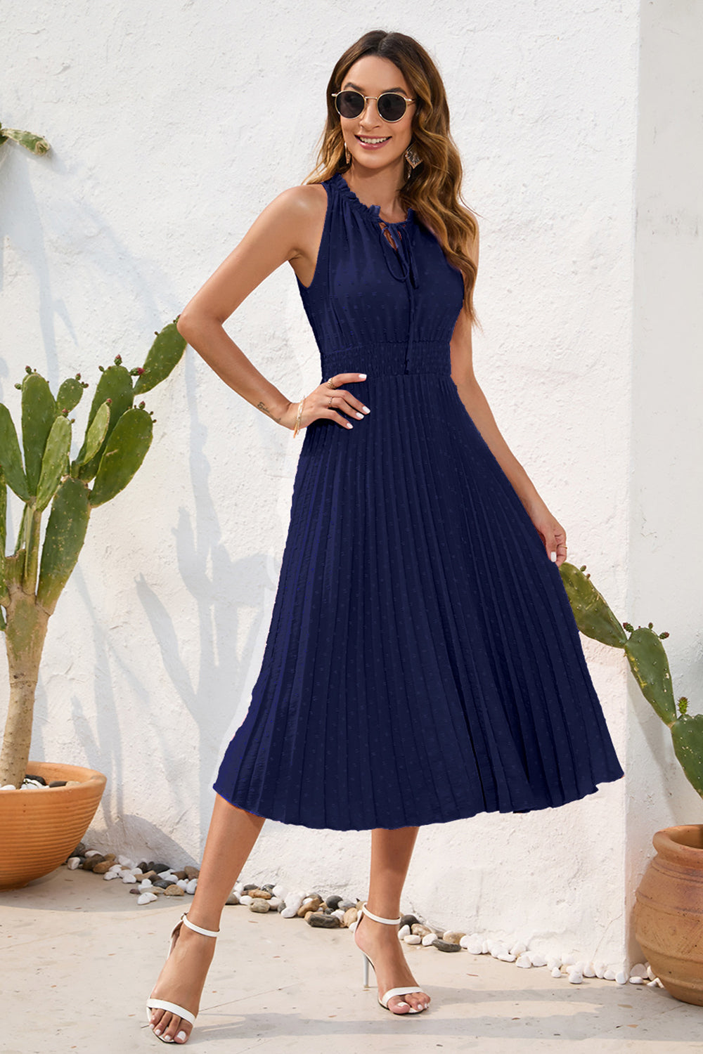navy blue swiss dot dress Navy Blue Chiffon Brasso Swiss Dot V-Neck Dress ElinaFashion.com