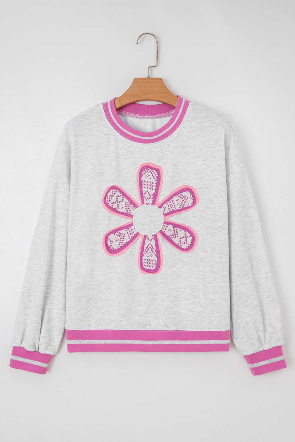 Gray Flower Patch Contrast Trim Crew Neck Sweatshirt-Tops/Sweatshirts & Hoodies-[Adult]-[Female]-2022 Online Blue Zone Planet