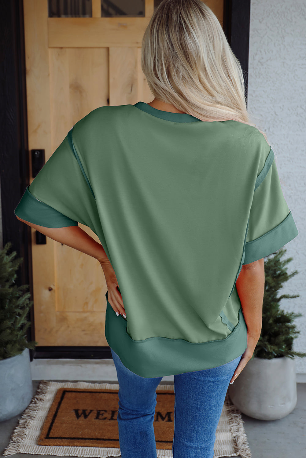 Smoke Green Half Sleeve Raw Seam High Low Side Split Top-Tops/Tops & Tees-[Adult]-[Female]-2022 Online Blue Zone Planet