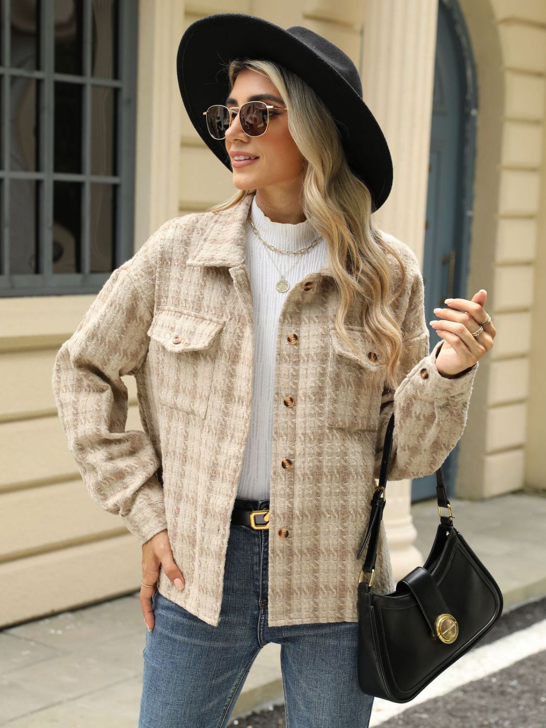 Plaid Collared Neck Long Sleeve Jacket-TOPS / DRESSES-[Adult]-[Female]-2022 Online Blue Zone Planet