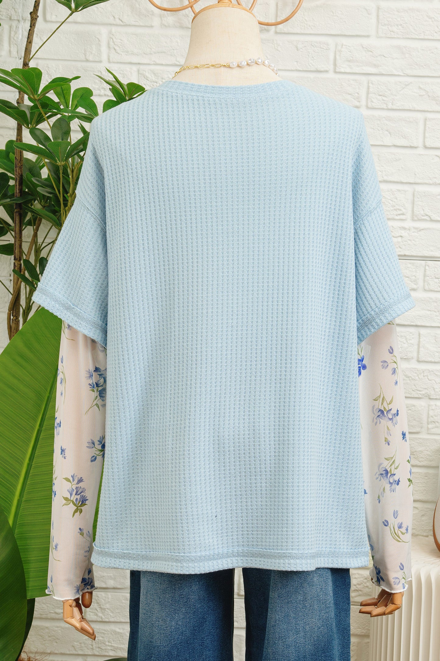 Beau Blue Floral Lace Sleeve Patchwork Waffle Fake Two-Piece Top-Tops/Long Sleeve Tops-[Adult]-[Female]-2022 Online Blue Zone Planet