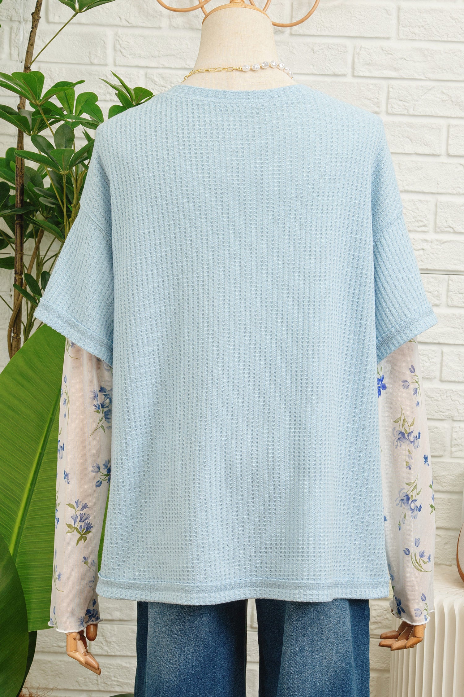 Beau Blue Floral Lace Sleeve Patchwork Waffle Fake Two-Piece Top-Tops/Long Sleeve Tops-[Adult]-[Female]-2022 Online Blue Zone Planet