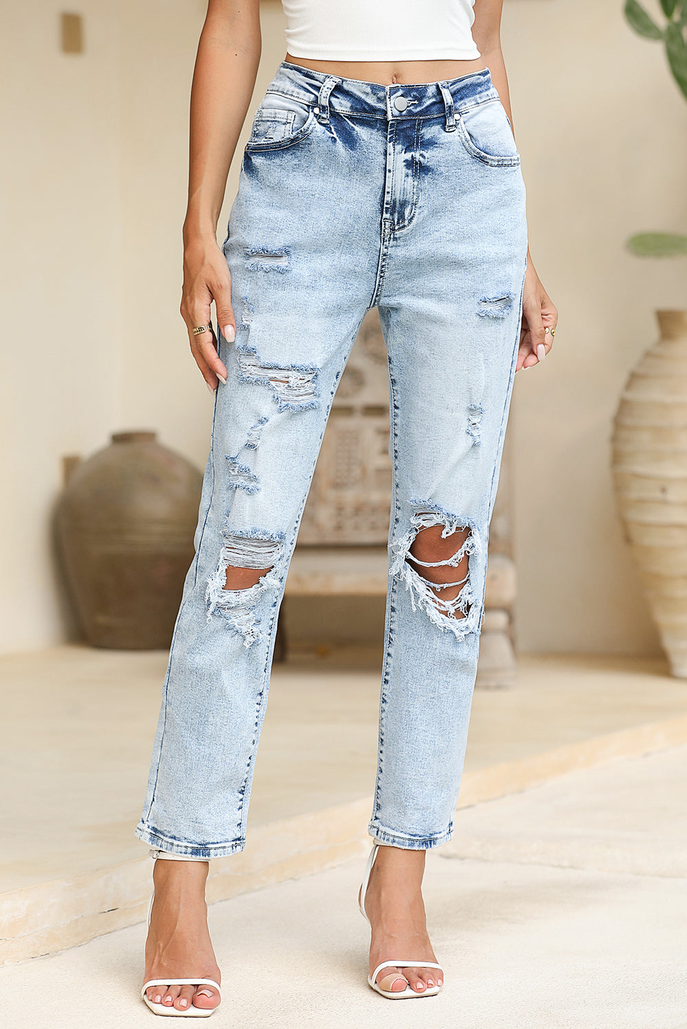 Sky Blue Light Wash Frayed Slim Fit High Waist Jeans-Jeans-[Adult]-[Female]-2022 Online Blue Zone Planet