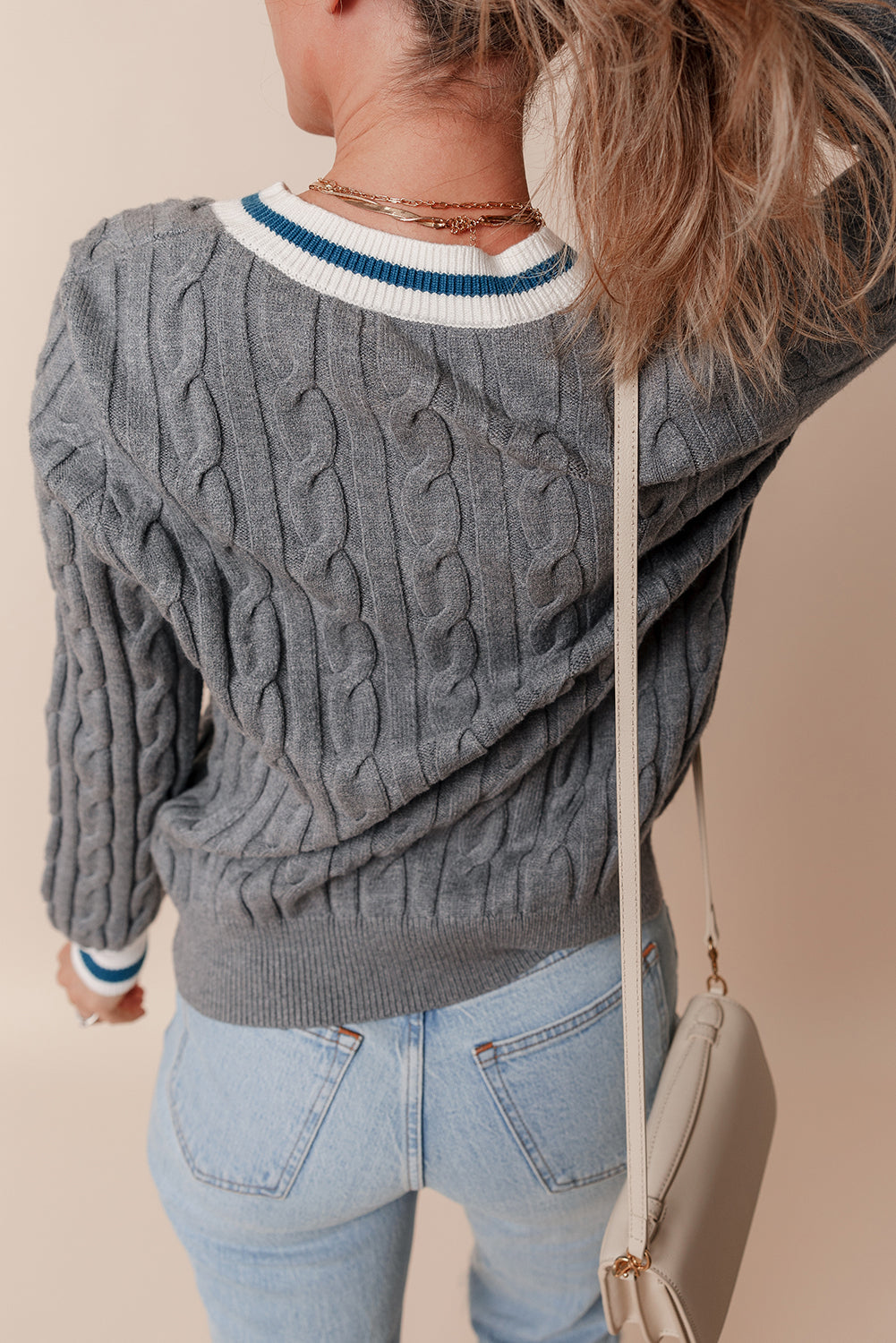 Medium Grey Color Contrast Ribbed Edge Cable Knit V Neck Sweater-Sweaters & Cardigans/Sweaters-[Adult]-[Female]-2022 Online Blue Zone Planet