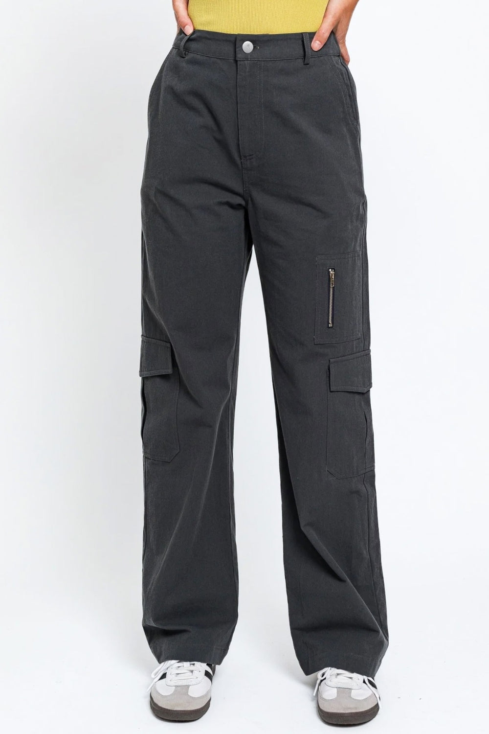 Blue Zone Planet | Le Lis High Waisted Wide Leg Cargo Pants with Pockets-BOTTOMS SIZES SMALL MEDIUM LARGE-[Adult]-[Female]-Charcoal-XS-2022 Online Blue Zone Planet