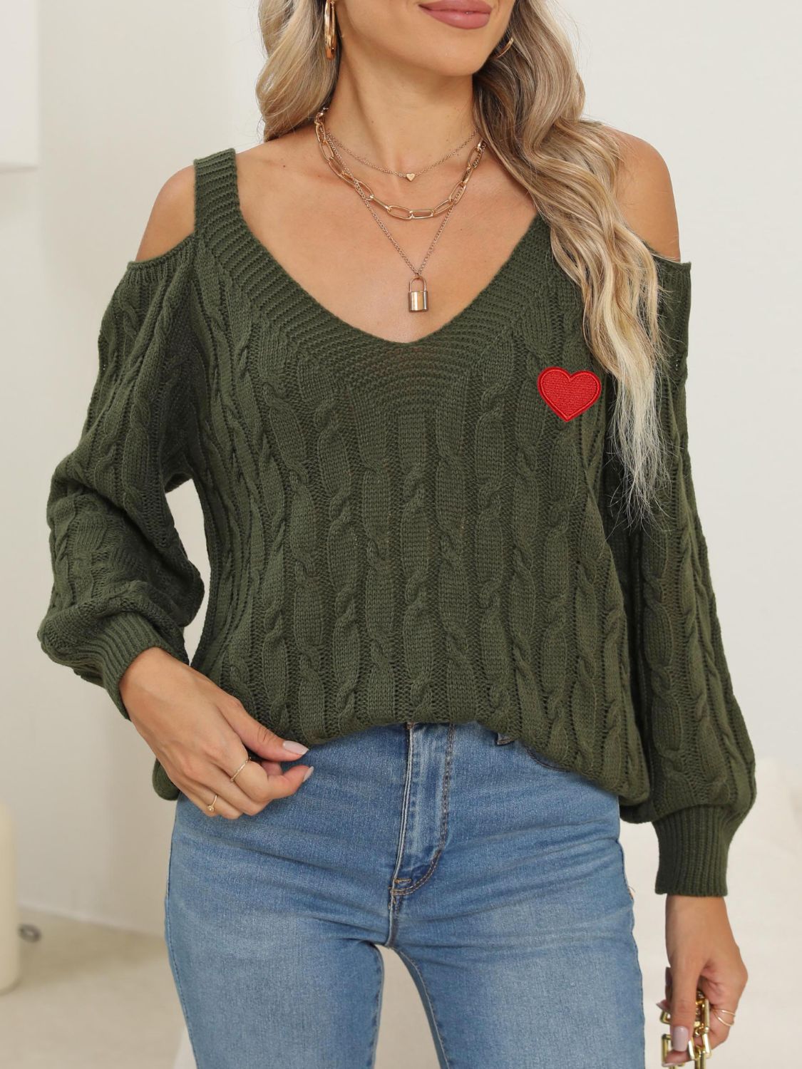 Cable-Knit Heart V-Neck Sweater-TOPS / DRESSES-[Adult]-[Female]-Army Green-S-2022 Online Blue Zone Planet