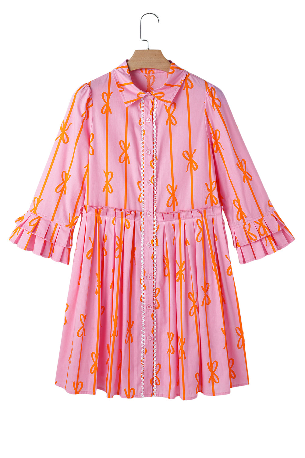 Blue Zone Planet | Pink Bowknot Striped Ruffle Mini Shirt Dress-TOPS / DRESSES-[Adult]-[Female]-2022 Online Blue Zone Planet