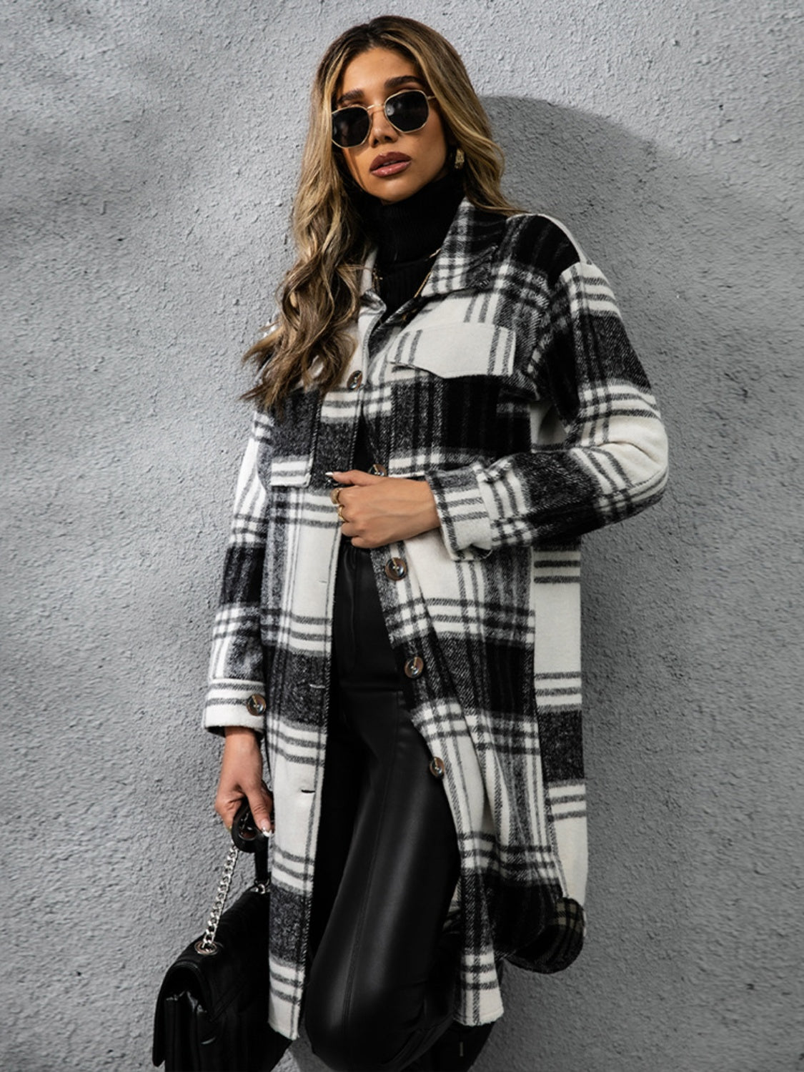 Plaid Collared Neck Long Sleeve Coat-TOPS / DRESSES-[Adult]-[Female]-2022 Online Blue Zone Planet