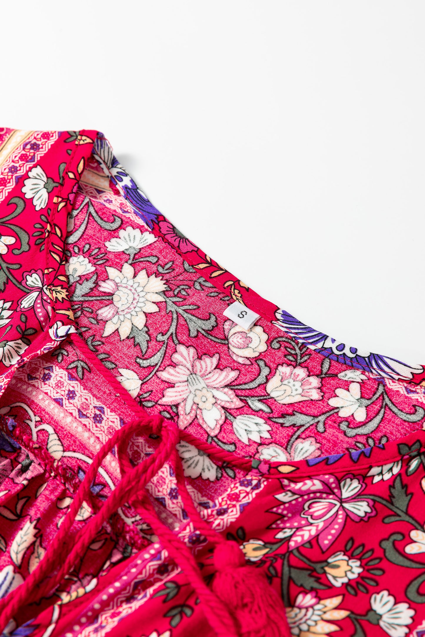 Blue Bohemian Floral Print Tassel Tie Front Long Sleeve Blouse-Tops/Blouses & Shirts-[Adult]-[Female]-2022 Online Blue Zone Planet