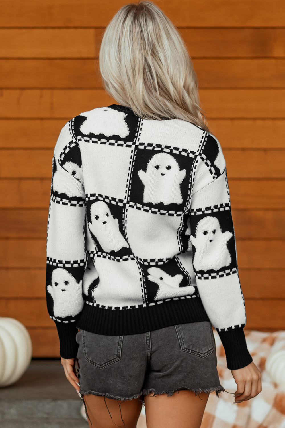 Black Halloween Ghost Checkered Drop Shoulder Sweater-TOPS / DRESSES-[Adult]-[Female]-2022 Online Blue Zone Planet