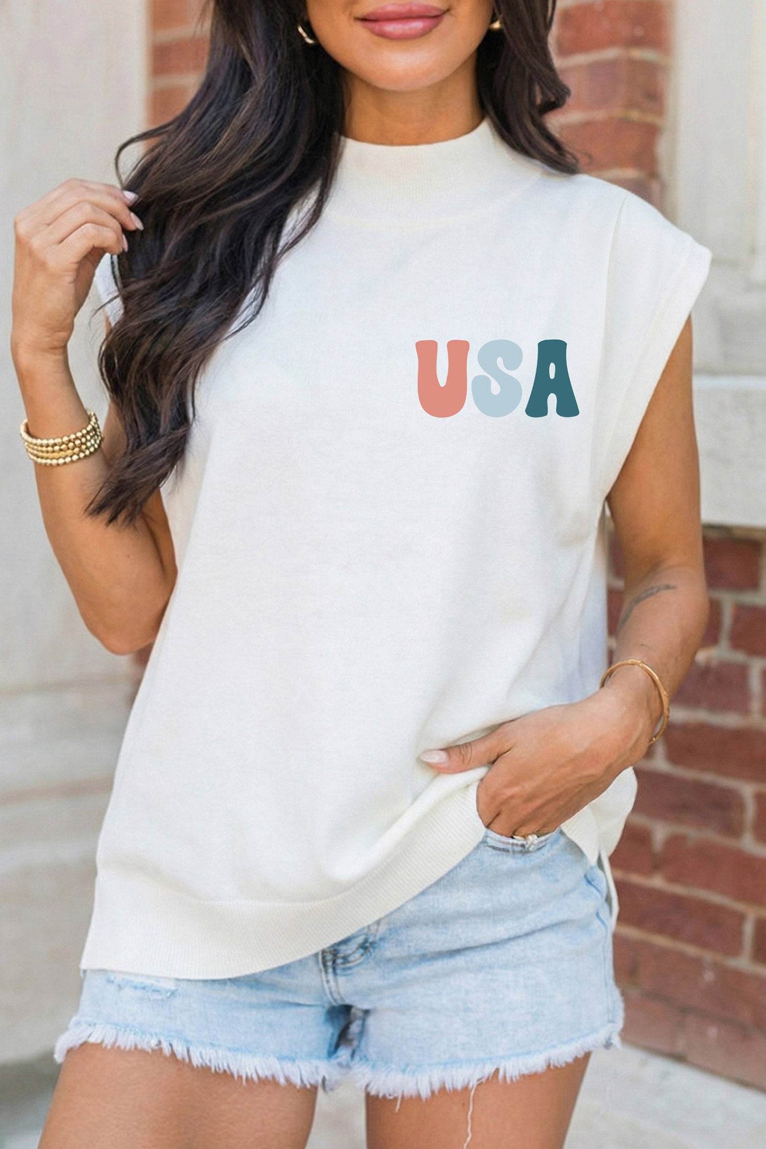 White USA/ Patriotic Victory Double Side Printed Mock Neck Tee-Graphic/Graphic Tees-[Adult]-[Female]-2022 Online Blue Zone Planet