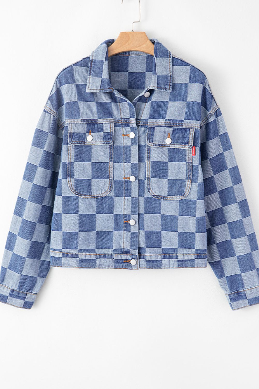 Checkered Button Up Denim Jacket-TOPS / DRESSES-[Adult]-[Female]-2022 Online Blue Zone Planet