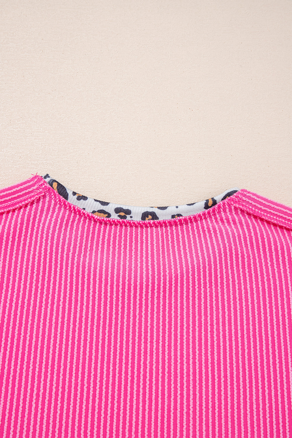 Bonbon Leopard Patchwork Corded Knit Crew Neck T Shirt-Tops/Tops & Tees-[Adult]-[Female]-2022 Online Blue Zone Planet