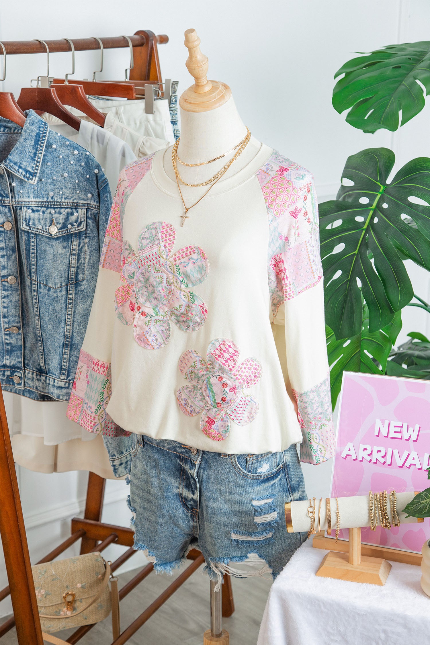 Beige Color Block Retro Floral Patchwork Long Sleeve Top-Tops/Long Sleeve Tops-[Adult]-[Female]-2022 Online Blue Zone Planet