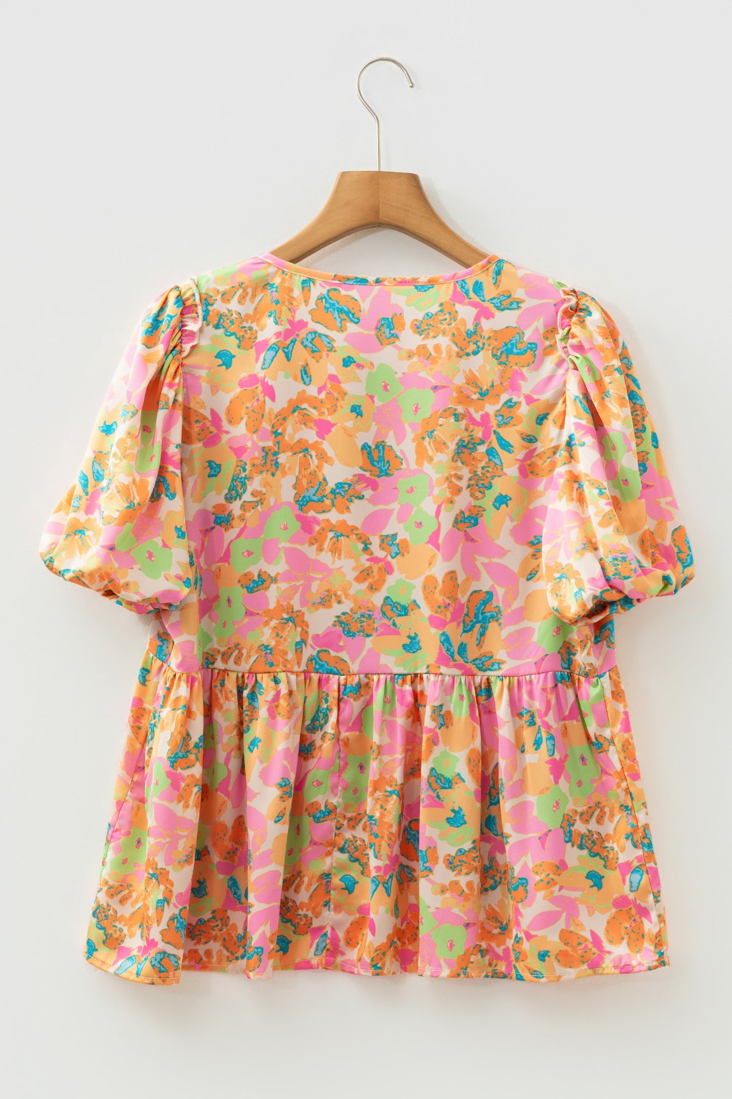 Orange Split V Neck Short Sleeve Flower Blouse-Tops/Blouses & Shirts-[Adult]-[Female]-2022 Online Blue Zone Planet