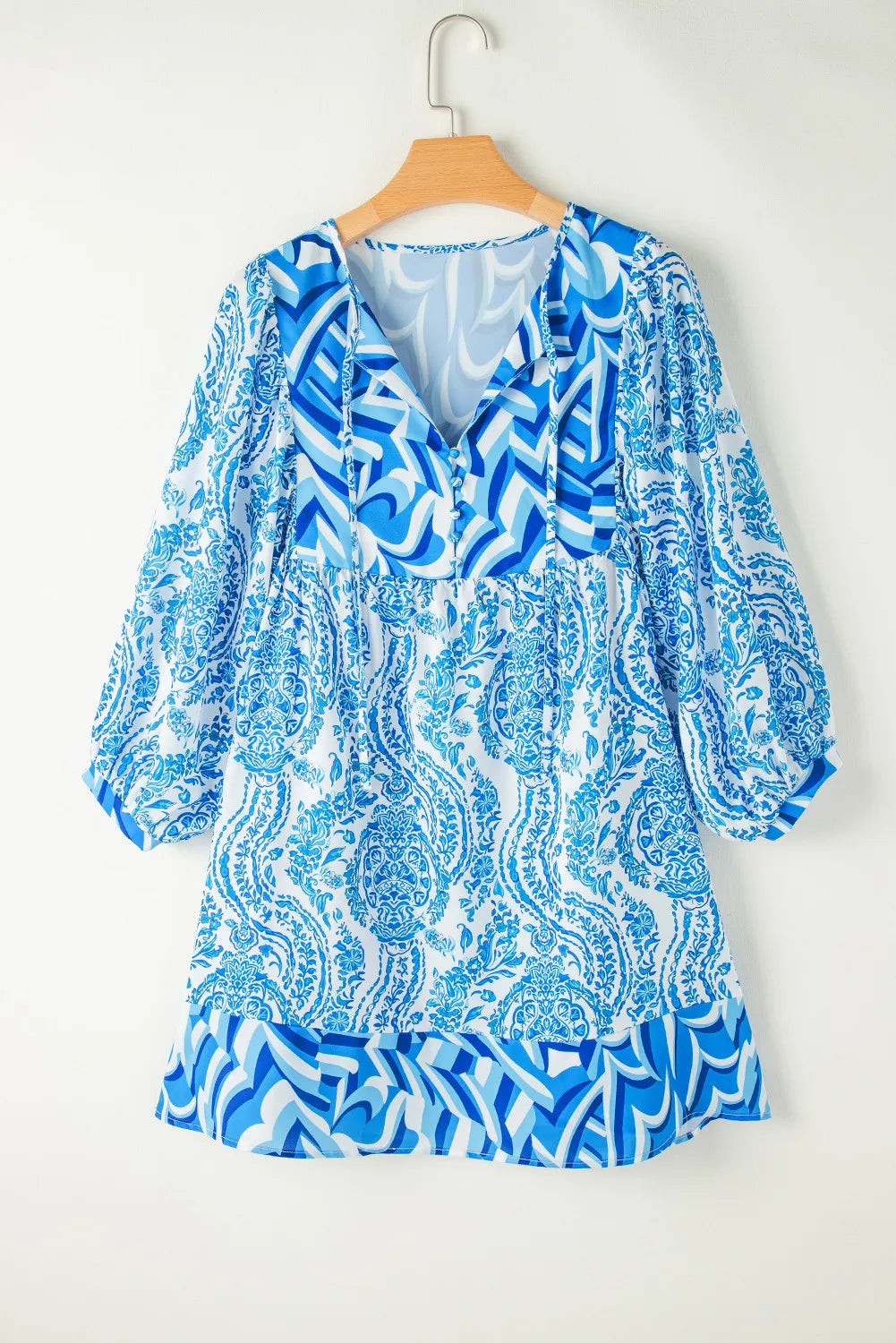 Printed Tie Neck Long Sleeve Mini Dress-TOPS / DRESSES-[Adult]-[Female]-2022 Online Blue Zone Planet