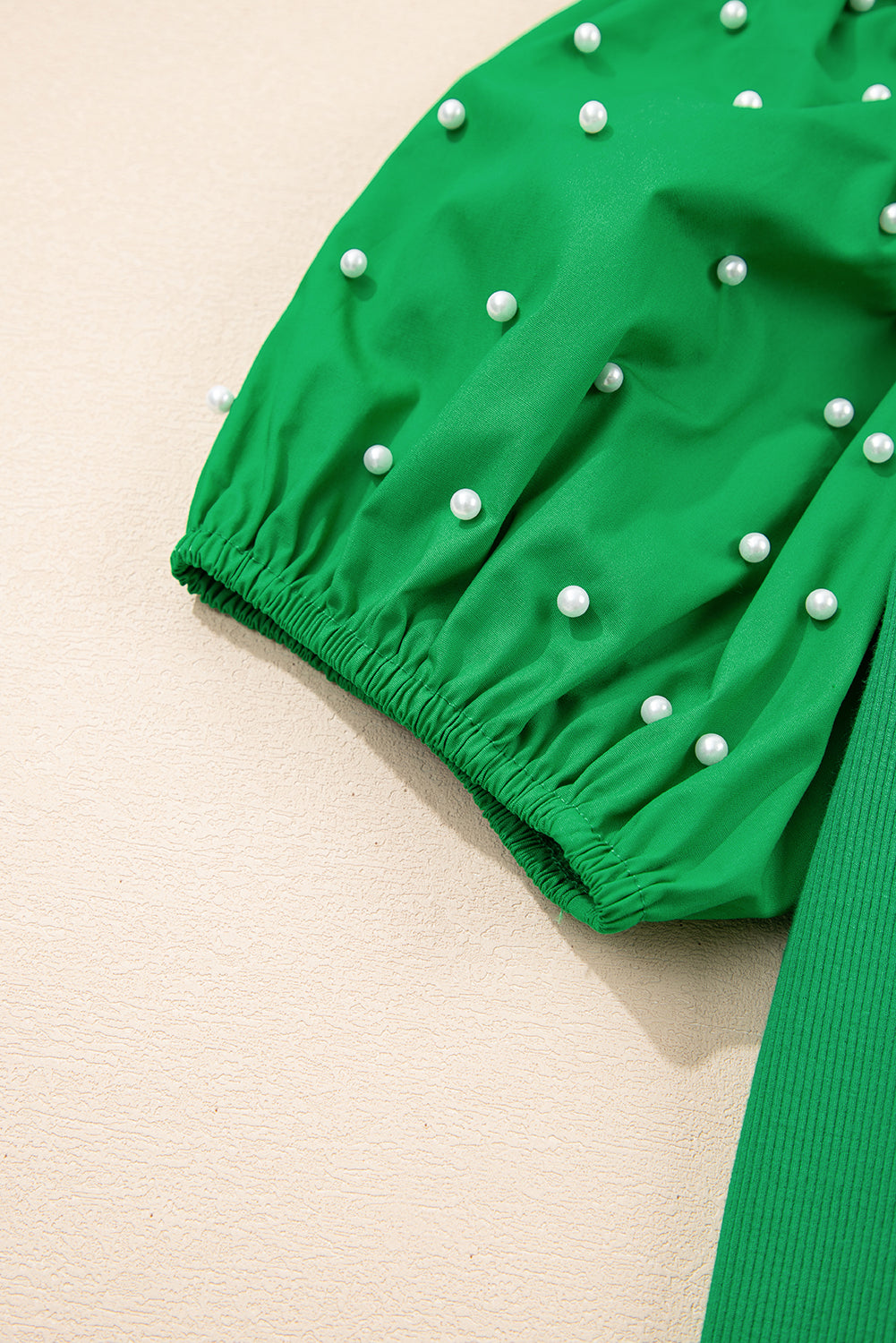 Bright Green Ribbed Pearl Beaded Puff Sleeve Top-Tops/Blouses & Shirts-[Adult]-[Female]-2022 Online Blue Zone Planet