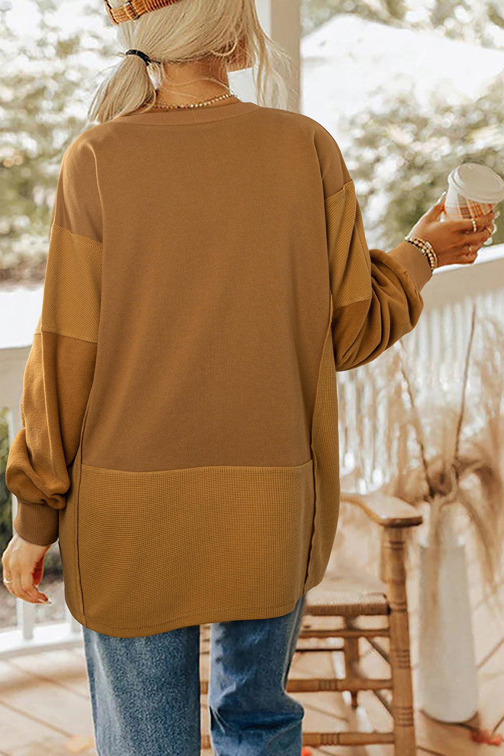 Multicolor Oversized Mixed Textured Split Neck High Low Patchwork Sweatshirt-Tops/Sweatshirts & Hoodies-[Adult]-[Female]-2022 Online Blue Zone Planet