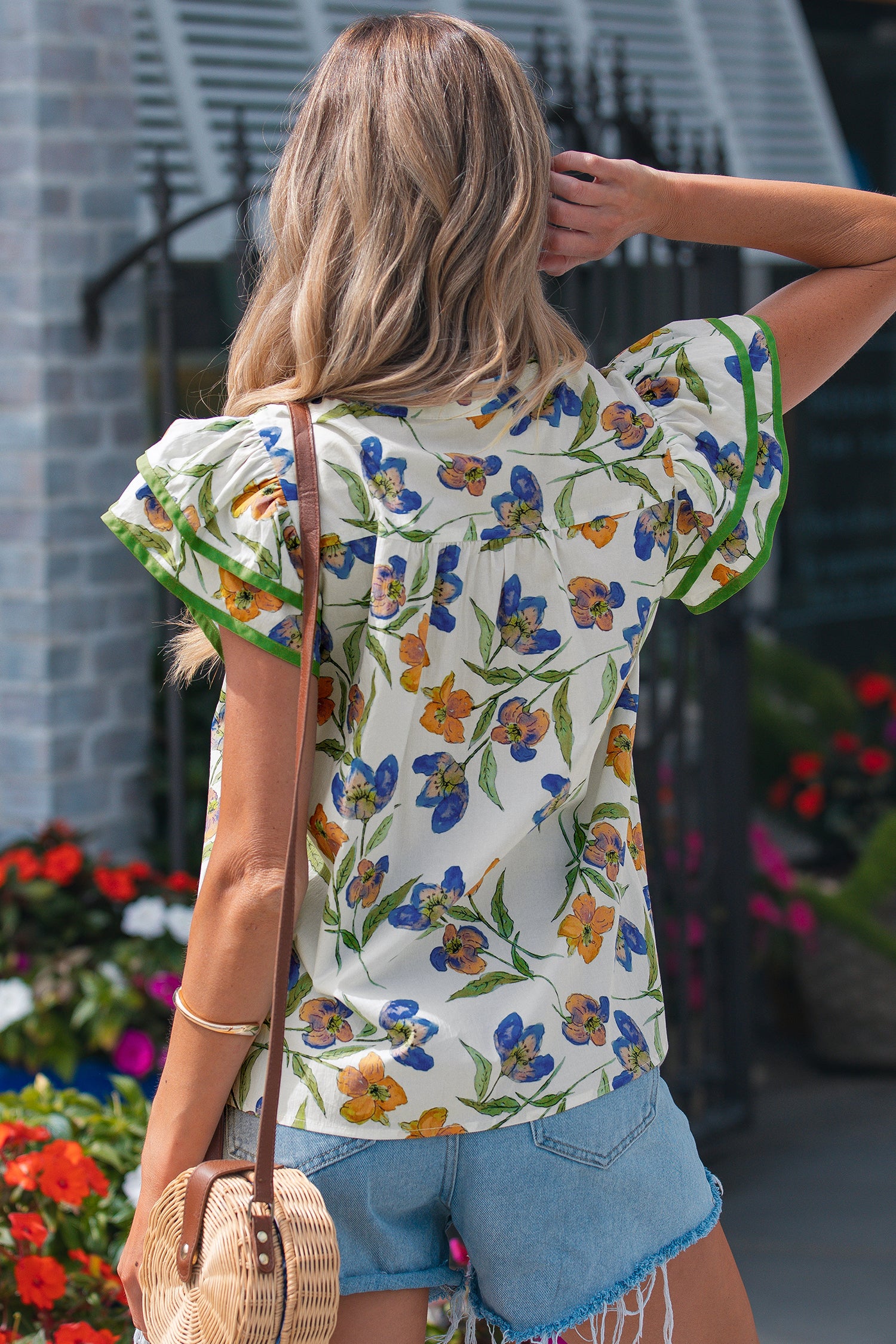 Green Floral Print Ruffle V-Neck Pressed Pleats Binding Tape Cotton Blouse-Tops/Blouses & Shirts-[Adult]-[Female]-2022 Online Blue Zone Planet