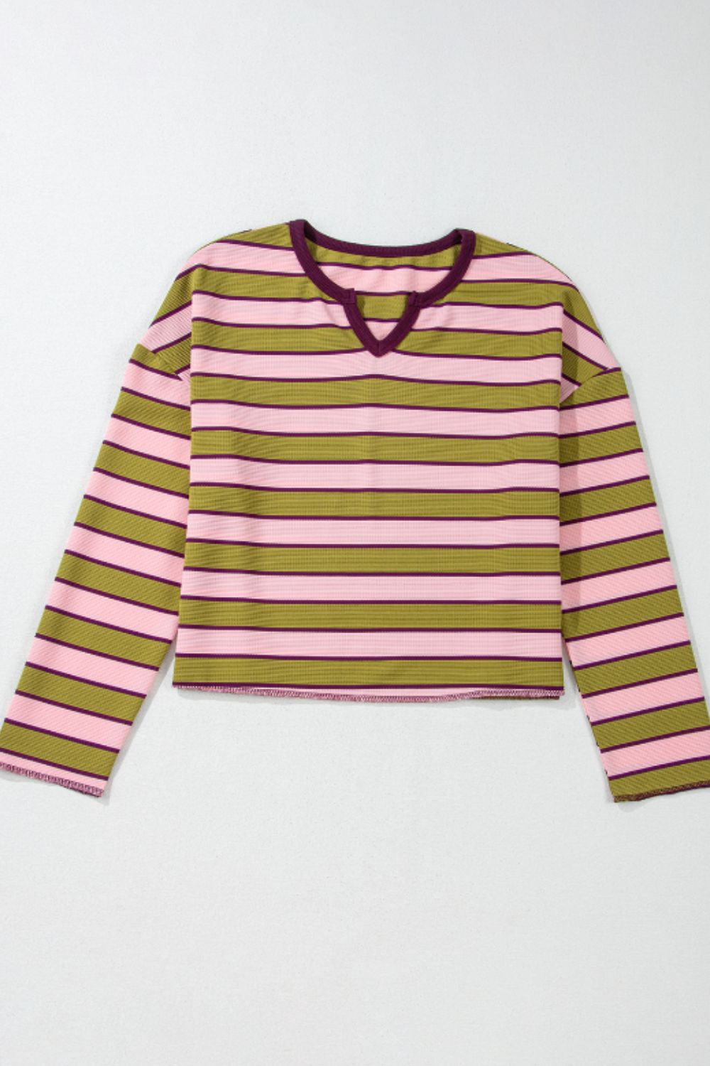 Blue Zone Planet | Striped Notched Long Sleeve T-Shirt-TOPS / DRESSES-[Adult]-[Female]-2022 Online Blue Zone Planet