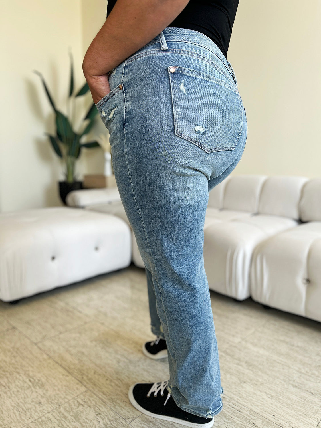 Judy Blue Full Size Mid Rise Distressed Straight Jeans-BOTTOMS SIZES SMALL MEDIUM LARGE-[Adult]-[Female]-2022 Online Blue Zone Planet