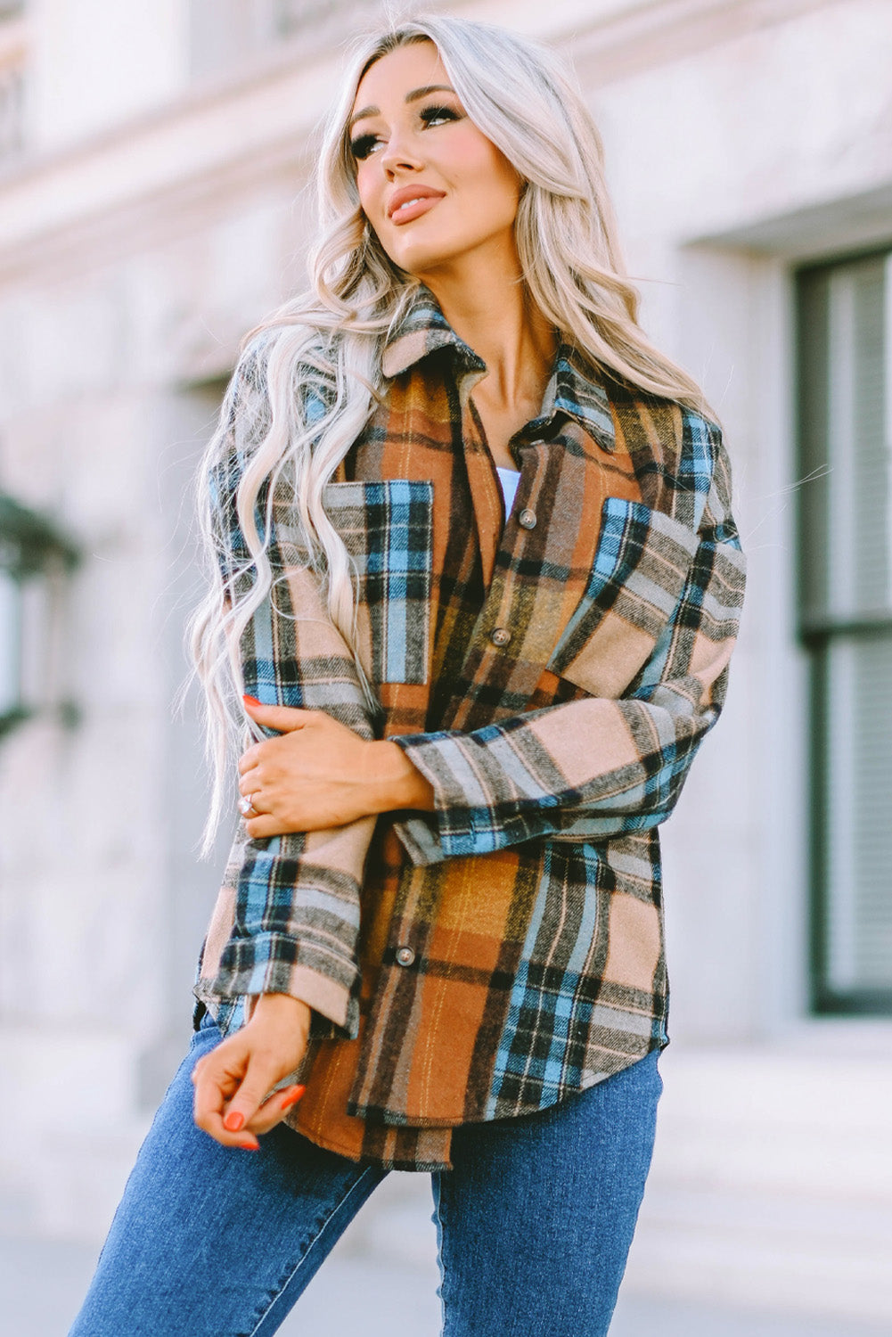 Brown Plaid Color Block Buttoned Shirt with Pockets-Tops/Blouses & Shirts-[Adult]-[Female]-2022 Online Blue Zone Planet