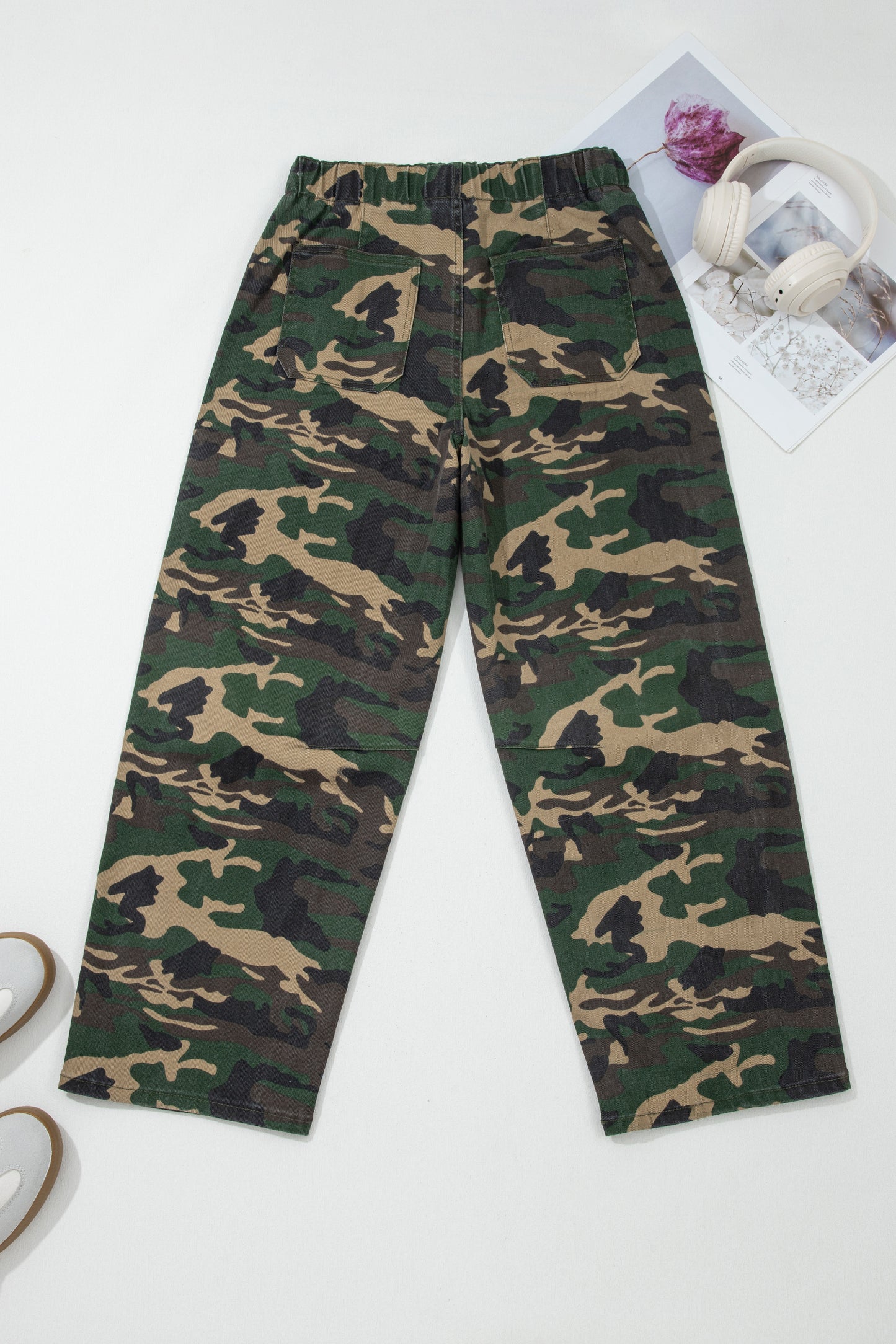 Green Camouflage Print Drawstring Patch Pocket Barrel Jeans-Bottoms/Jeans-[Adult]-[Female]-2022 Online Blue Zone Planet