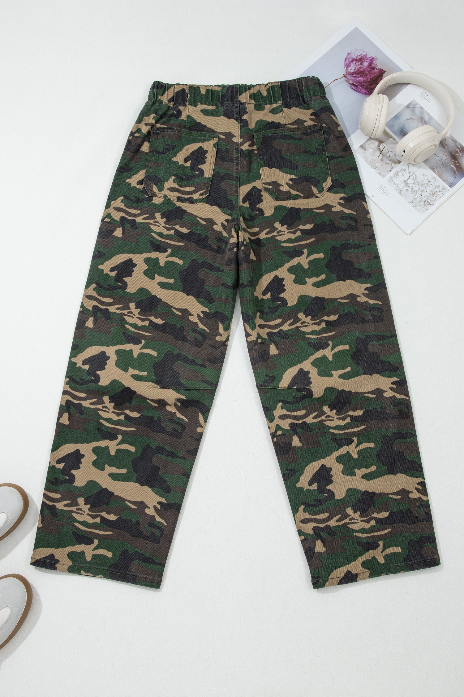 Green Camouflage Print Drawstring Patch Pocket Barrel Jeans-Bottoms/Jeans-[Adult]-[Female]-2022 Online Blue Zone Planet