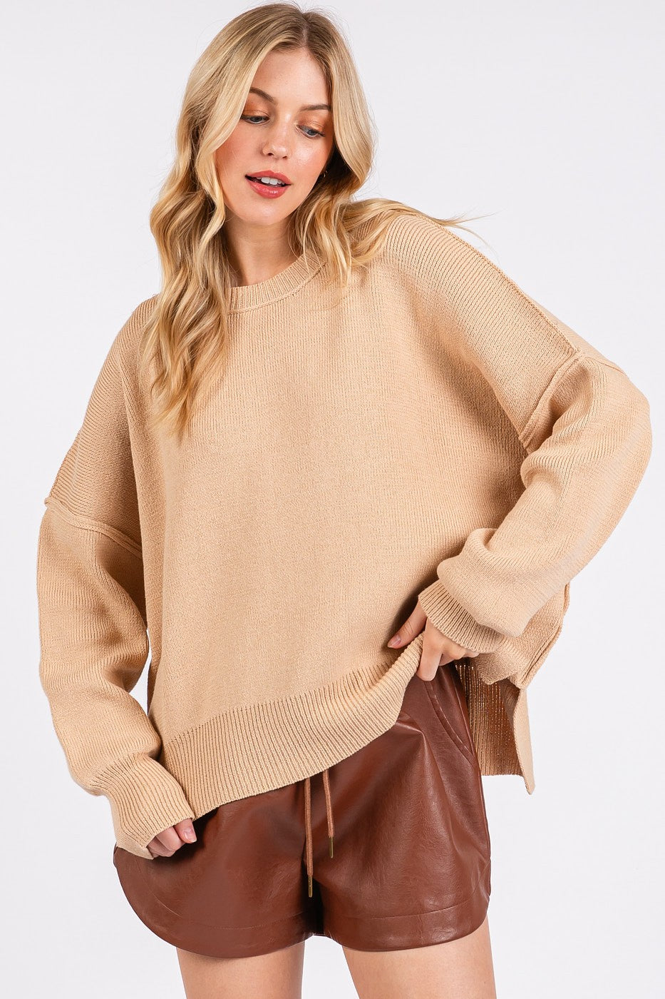 Mittoshop Side Slit Round Neck Drop Shoulder Sweater-TOPS / DRESSES-[Adult]-[Female]-Tan-S-2022 Online Blue Zone Planet