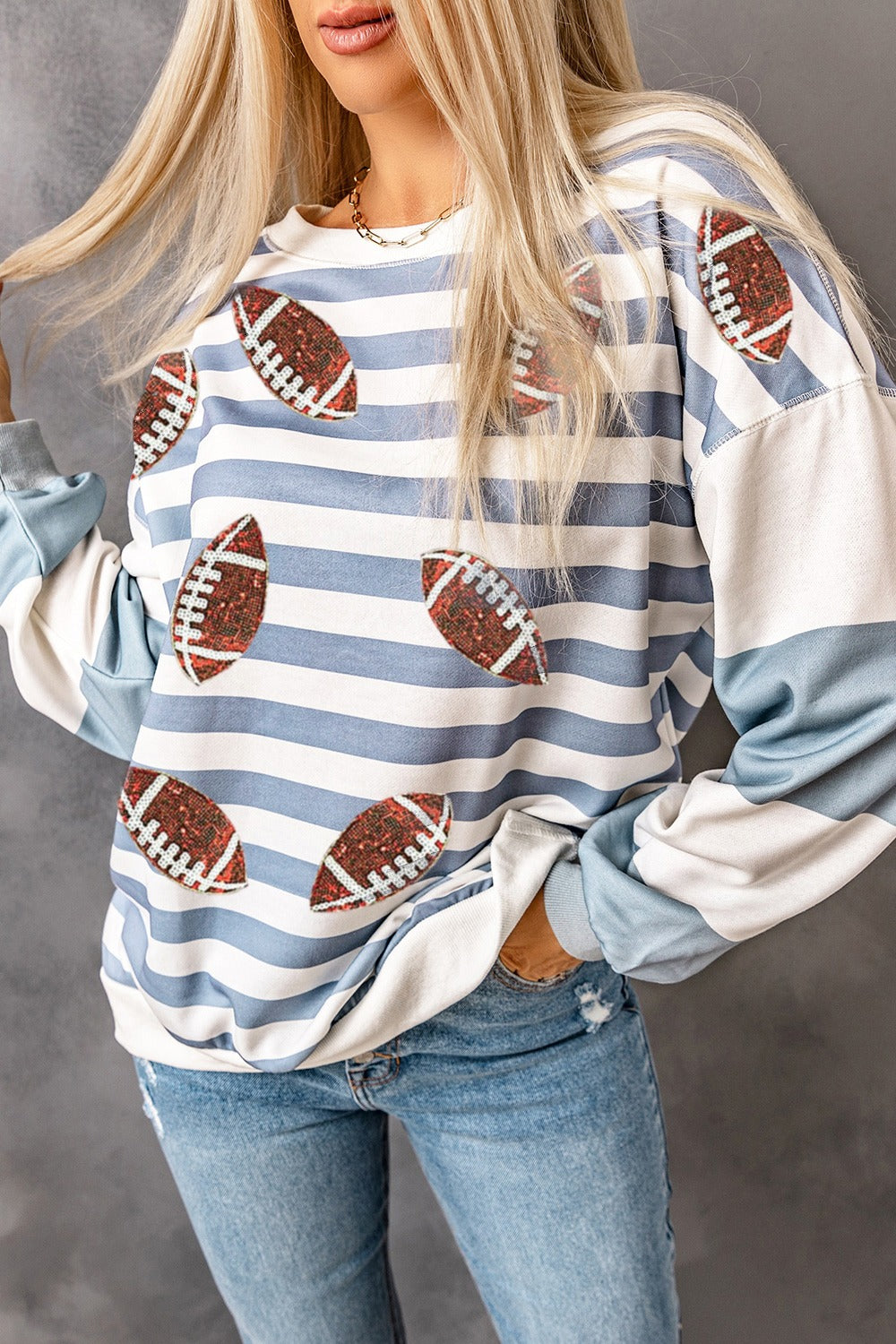 Blue Zone Planet | Football Striped Round Neck Long Sleeve Sweatshirt-TOPS / DRESSES-[Adult]-[Female]-Light Blue-S-2022 Online Blue Zone Planet