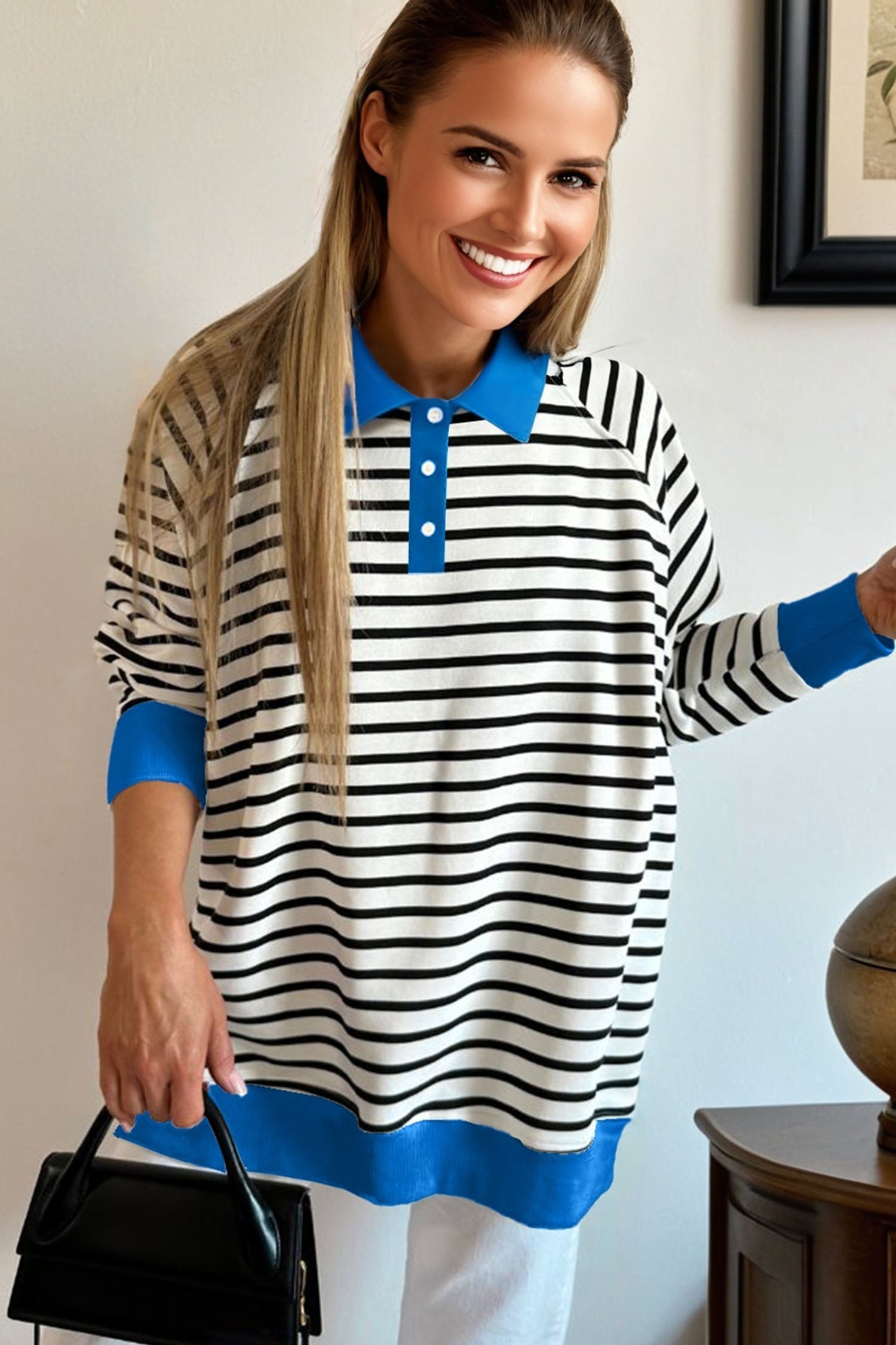 Black Stripe Color Block Patchwork Button Polo Collar Side Slit Sweatshirt-Tops/Sweatshirts & Hoodies-[Adult]-[Female]-2022 Online Blue Zone Planet