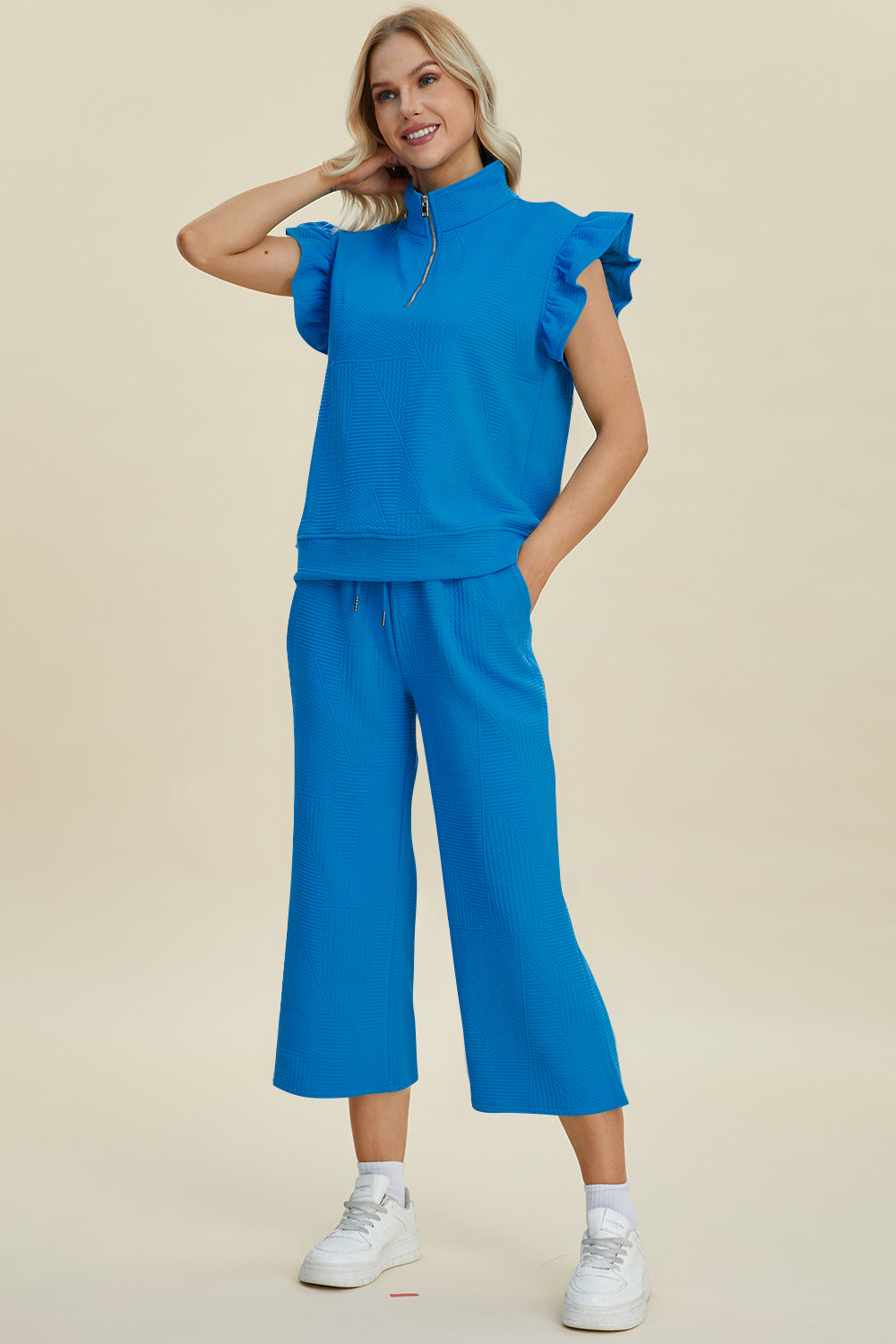 Double Take Full Size Texture Ruffle Short Sleeve Top and Wide Leg Pants Set-TOPS / DRESSES-[Adult]-[Female]-2022 Online Blue Zone Planet