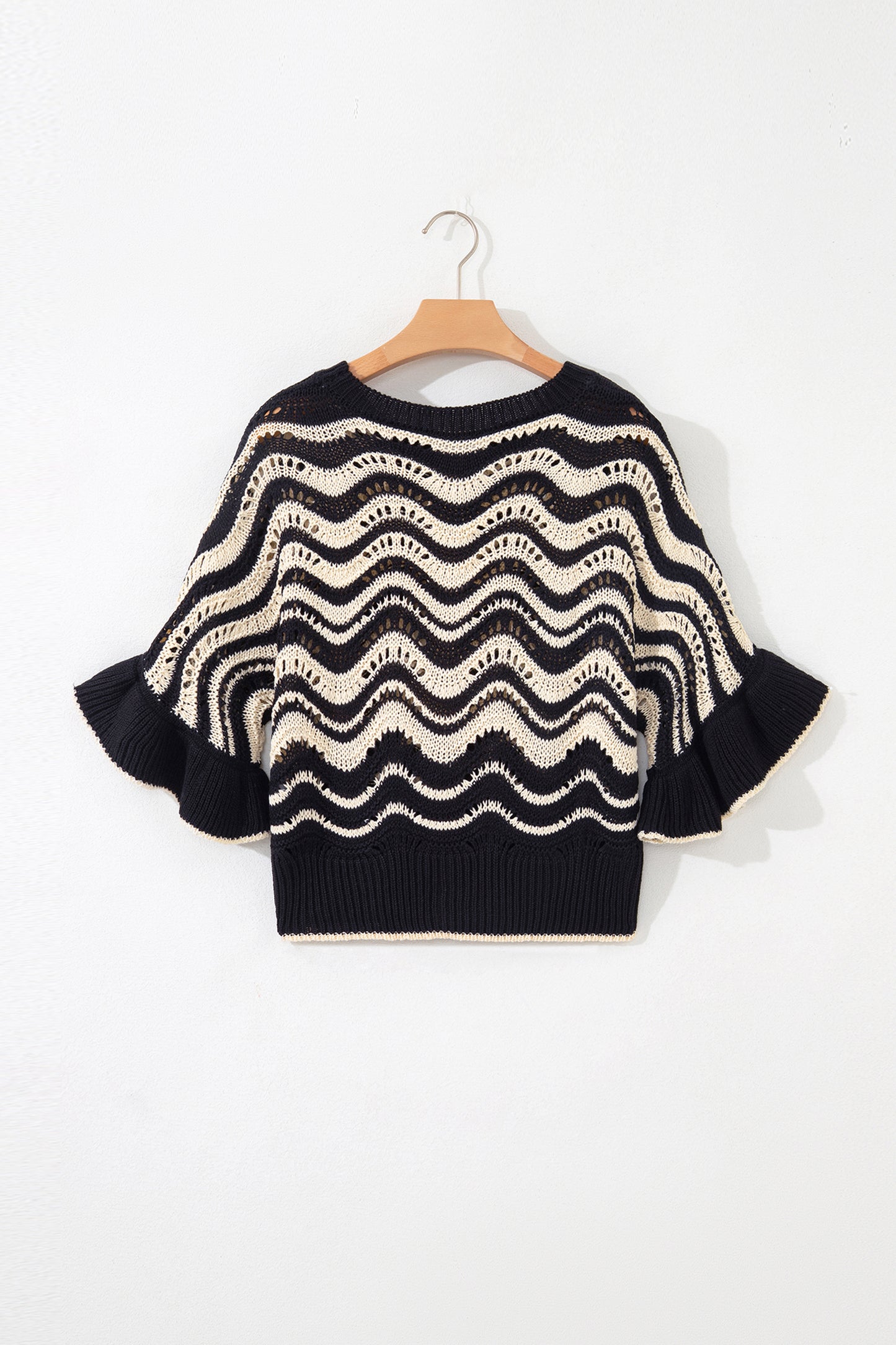 Beige Stripe Wavy Crochet Eyelet Detail Ruffle Half Sleeve Sweater-TOPS / DRESSES-[Adult]-[Female]-2022 Online Blue Zone Planet