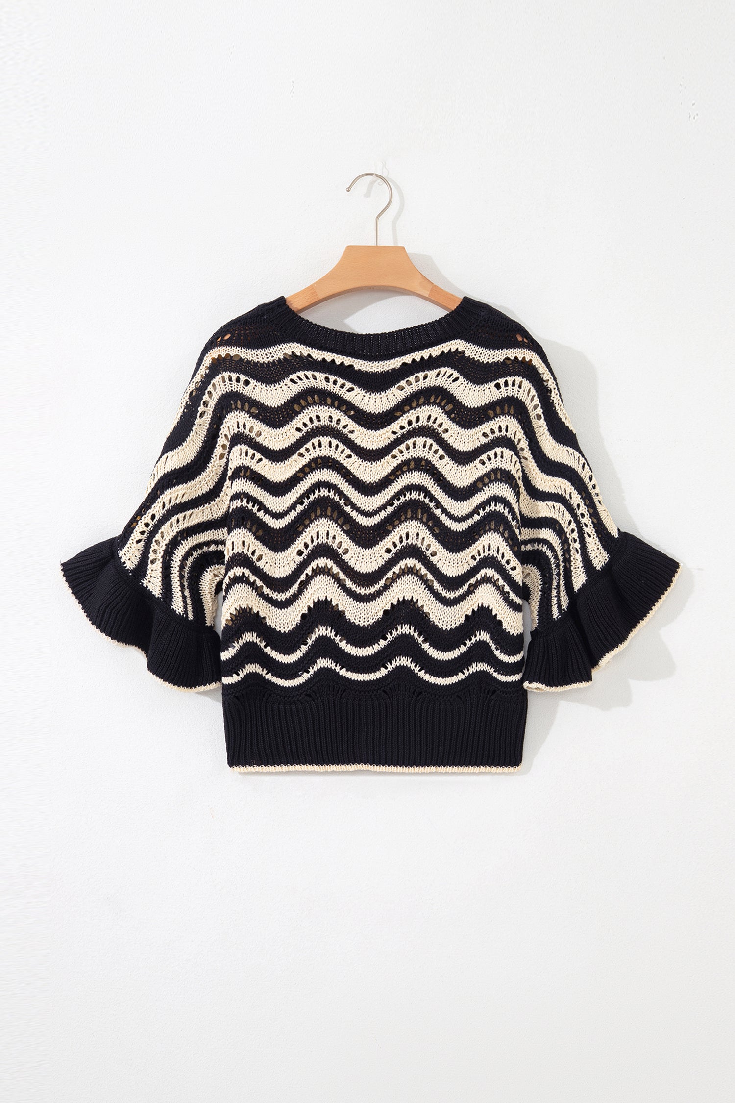 Beige Stripe Wavy Crochet Eyelet Detail Ruffle Half Sleeve Sweater-TOPS / DRESSES-[Adult]-[Female]-2022 Online Blue Zone Planet