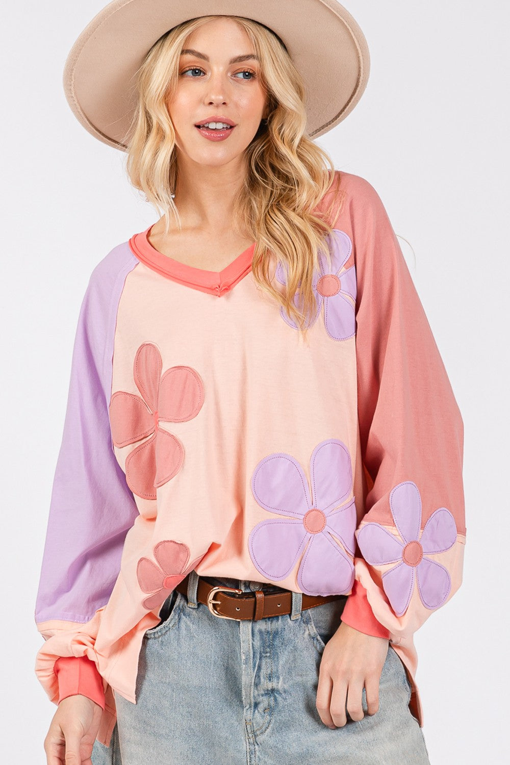 SAGE + FIG Full Size Daisy Applique Patch Color Block Long Sleeve Top-TOPS / DRESSES-[Adult]-[Female]-2022 Online Blue Zone Planet