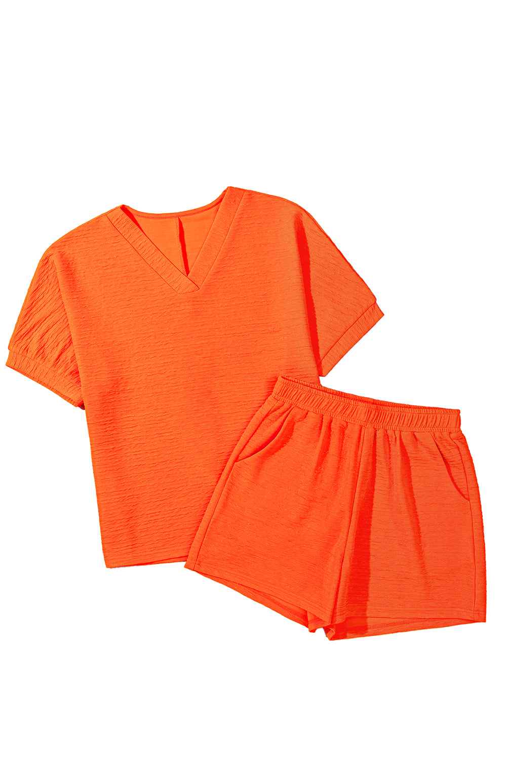 Orange Textured V Neck T Shirt and Shorts Set-Two Piece Sets/Short Sets-[Adult]-[Female]-2022 Online Blue Zone Planet