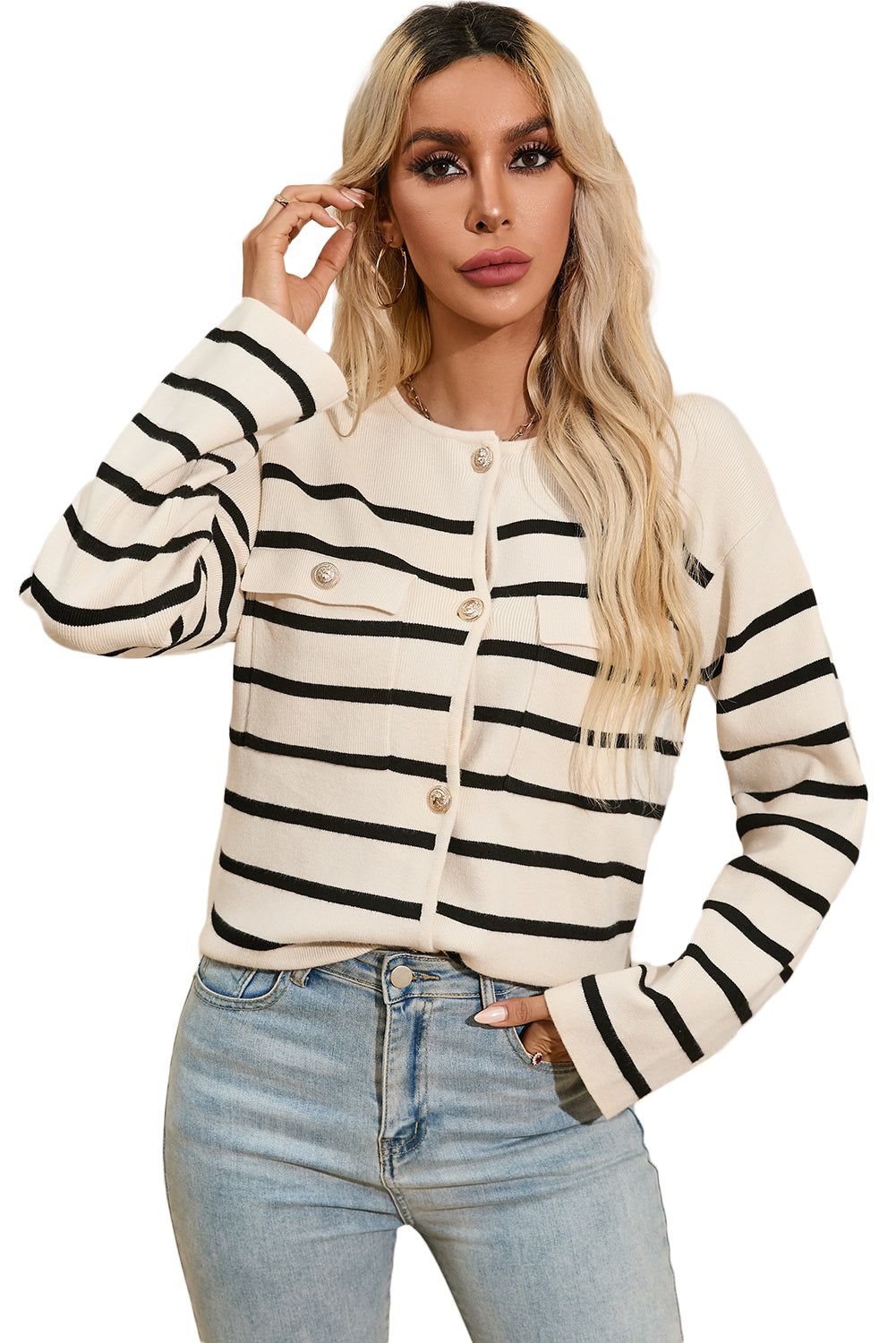 Blue Zone Planet | Black Stripe Flap Pocket Buttoned Cardigan Sweater-Sweaters & Cardigans/Cardigans-[Adult]-[Female]-2022 Online Blue Zone Planet