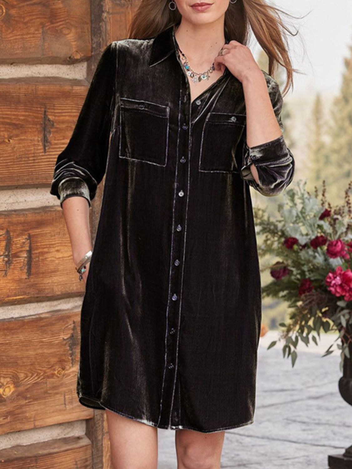 High-Low Button Up Long Sleeve Knee Length Dress-TOPS / DRESSES-[Adult]-[Female]-Black-S-2022 Online Blue Zone Planet