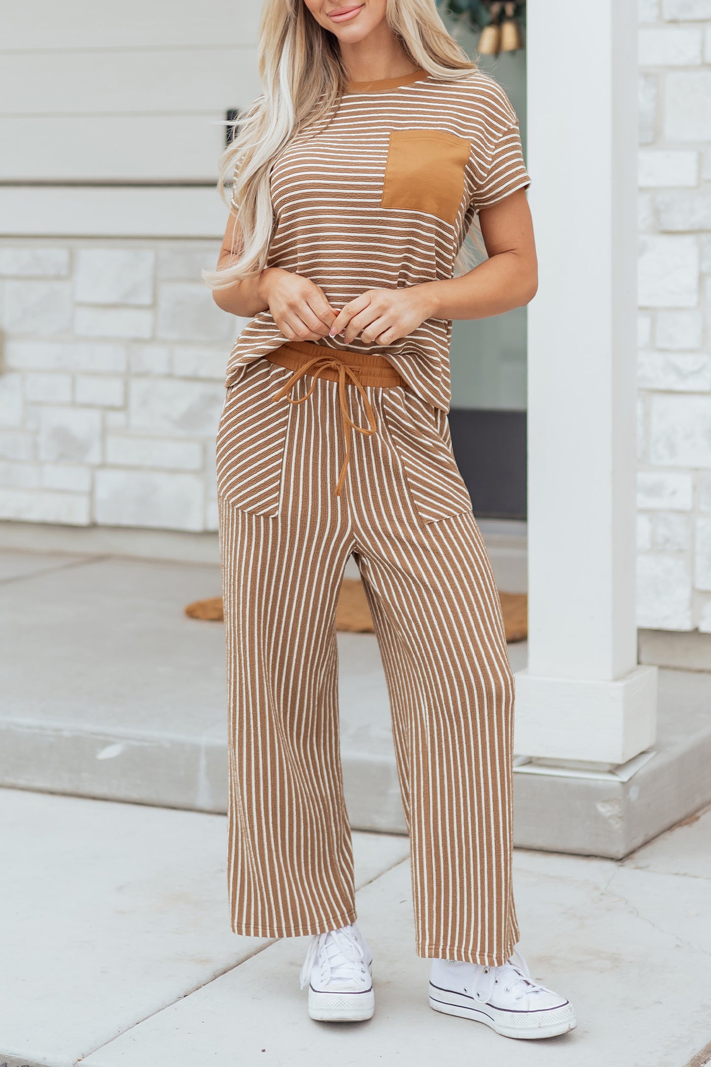 Khaki Stripe Crew Neck Tee Drawstring Waist Cropped Pants Set-Two Piece Sets/Pant Sets-[Adult]-[Female]-2022 Online Blue Zone Planet