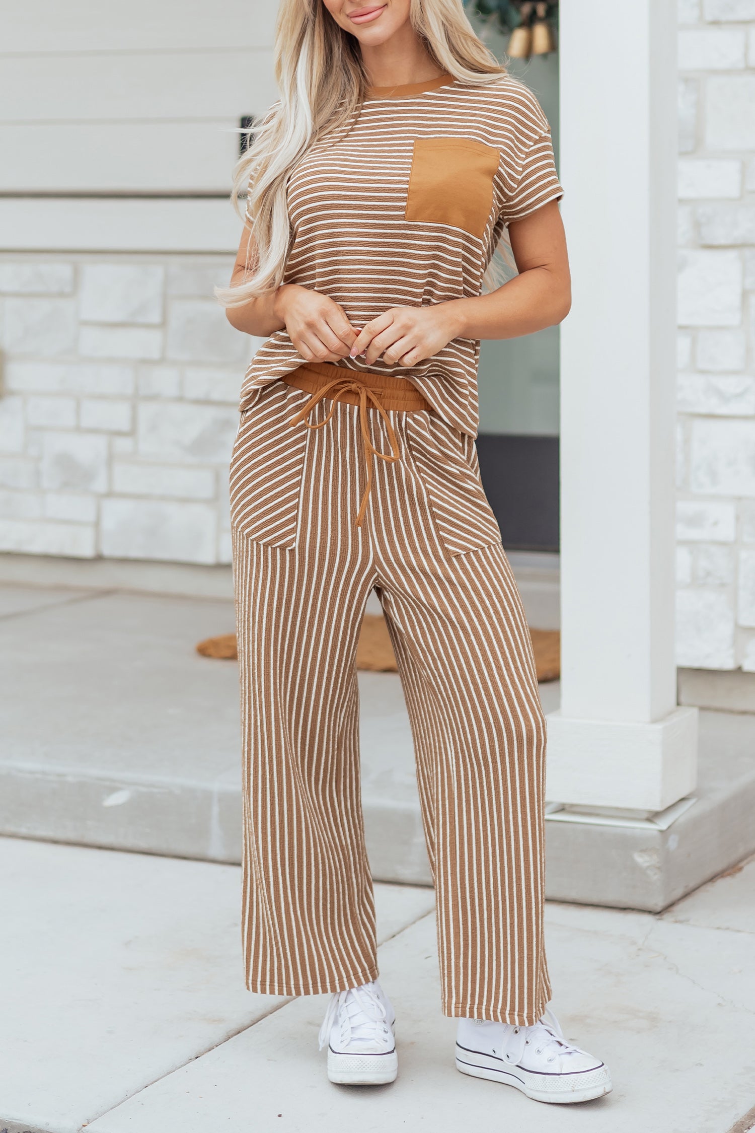 Khaki Stripe Crew Neck Tee Drawstring Waist Cropped Pants Set-Two Piece Sets/Pant Sets-[Adult]-[Female]-2022 Online Blue Zone Planet