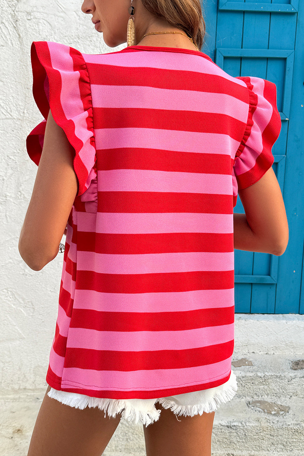 Red Stripe Flutter Sleeve Round Neck T Shirt-Tops/Tops & Tees-[Adult]-[Female]-2022 Online Blue Zone Planet