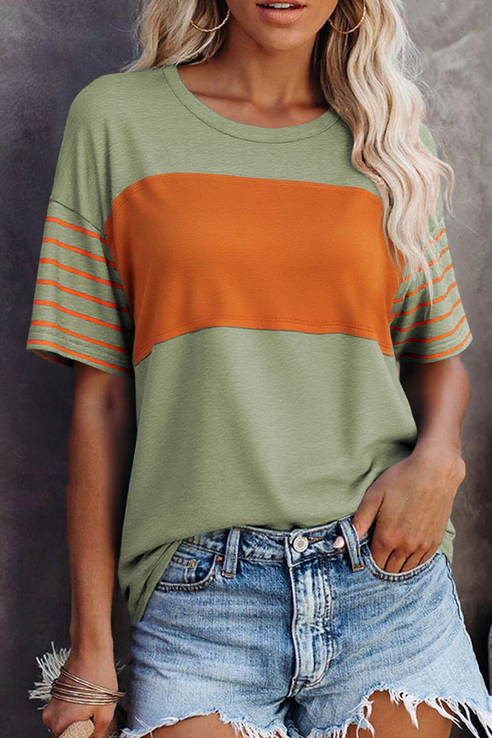 Laurel Green Color Block Striped Detail Loose T Shirt-Tops/Tops & Tees-[Adult]-[Female]-Laurel Green-S-2022 Online Blue Zone Planet