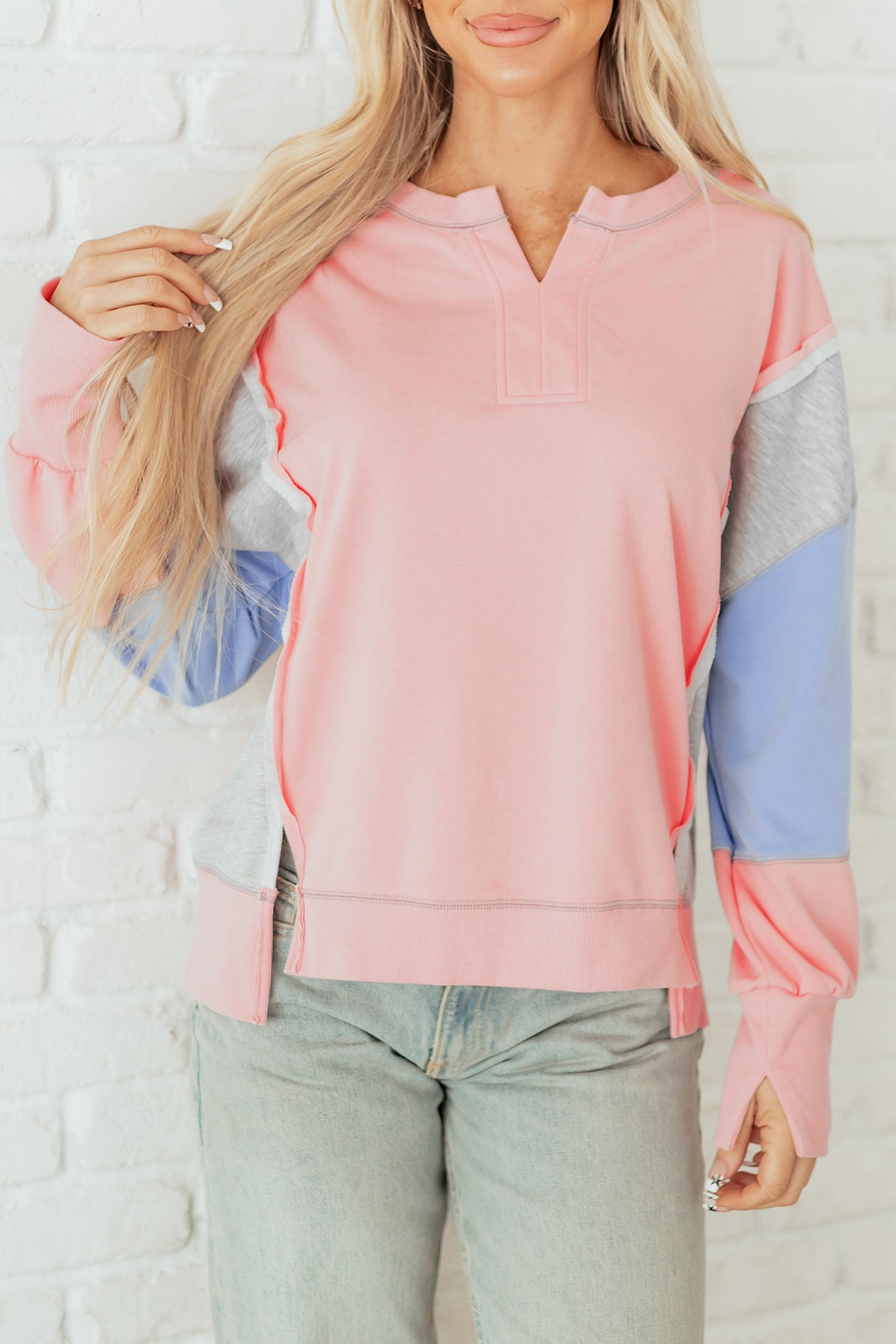 Apricot Pink Exposed Seam Color Block Patchwork Slit Cuffs Oversize Sweatshirt-Tops/Sweatshirts & Hoodies-[Adult]-[Female]-2022 Online Blue Zone Planet