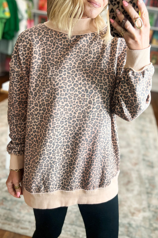 Multicolour Leopard Print High Neck Long Sleeve Ribbed Cuffs Hem Sweatshirt-Tops/Sweatshirts & Hoodies-[Adult]-[Female]-2022 Online Blue Zone Planet